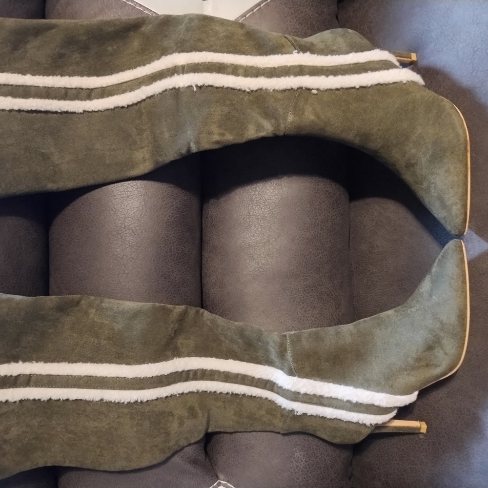 Yoki Olive Green Heeled Boots with White Stripes